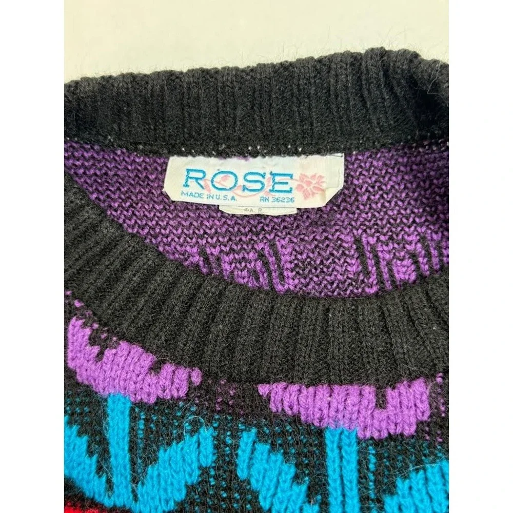 Vintage Ducks Knit Sweater 80s/90s Women's Medium Multicolor Flowers Hearts USA - Picture 6 of 9